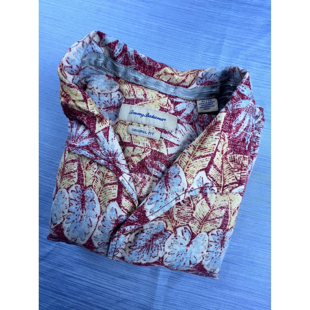 Tommy Bahama Mens XL Original Fit 100% Linen Tropical Floral Camp Shirt Red Blue